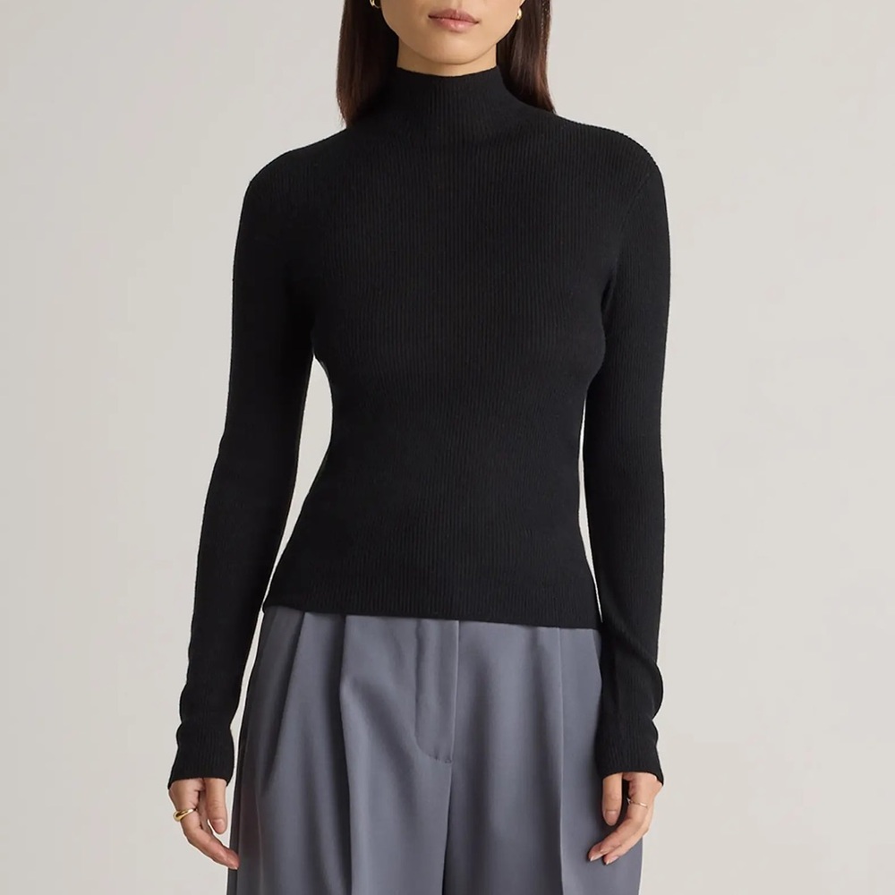 Quince Featherweight Cashmere Ribbed Mockneck Sweater Black‎ Size Large
